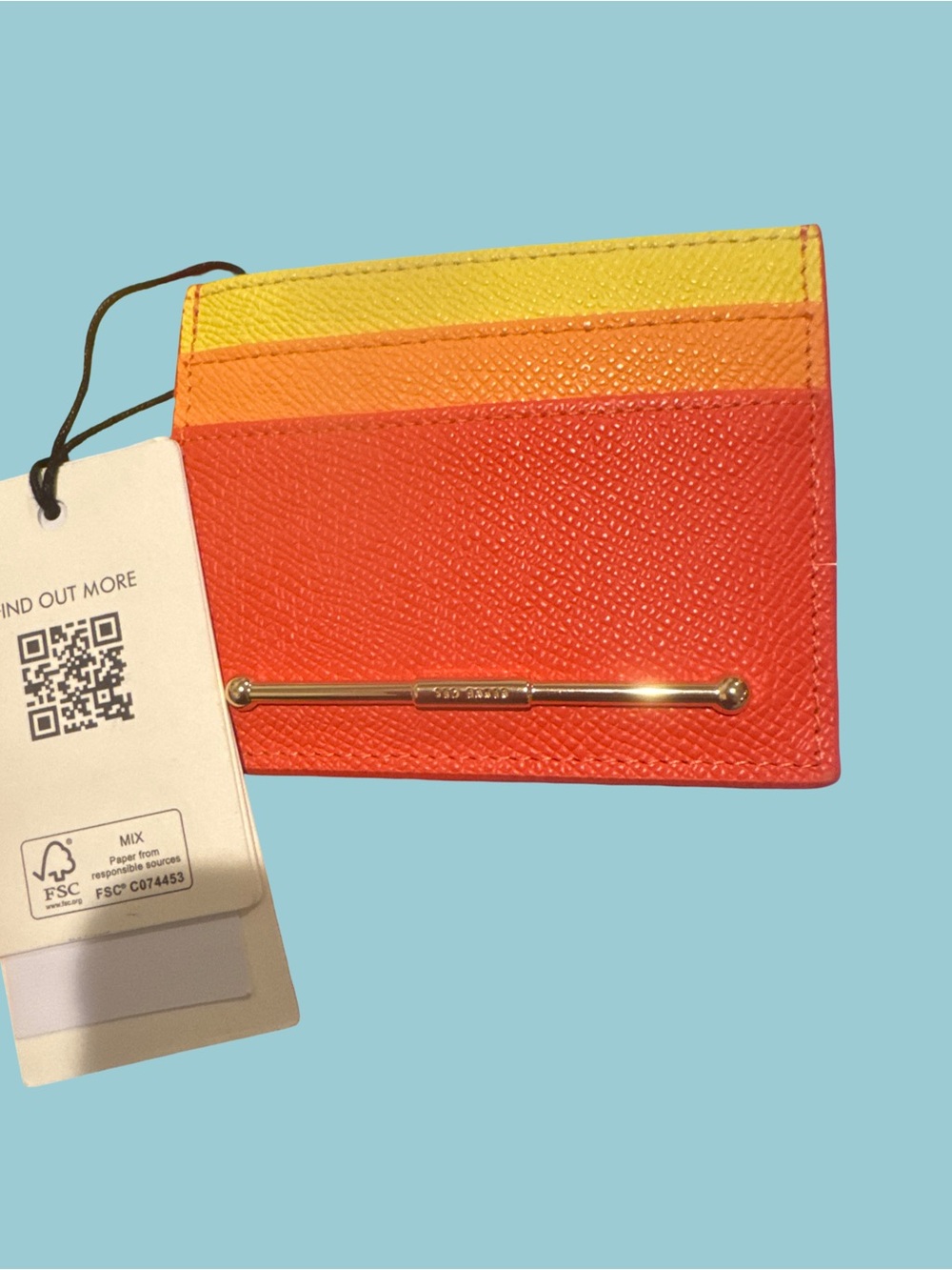 Ted Baker Colorblock Leather Card Holder in Red, Orange & Yellow with Gold Bar